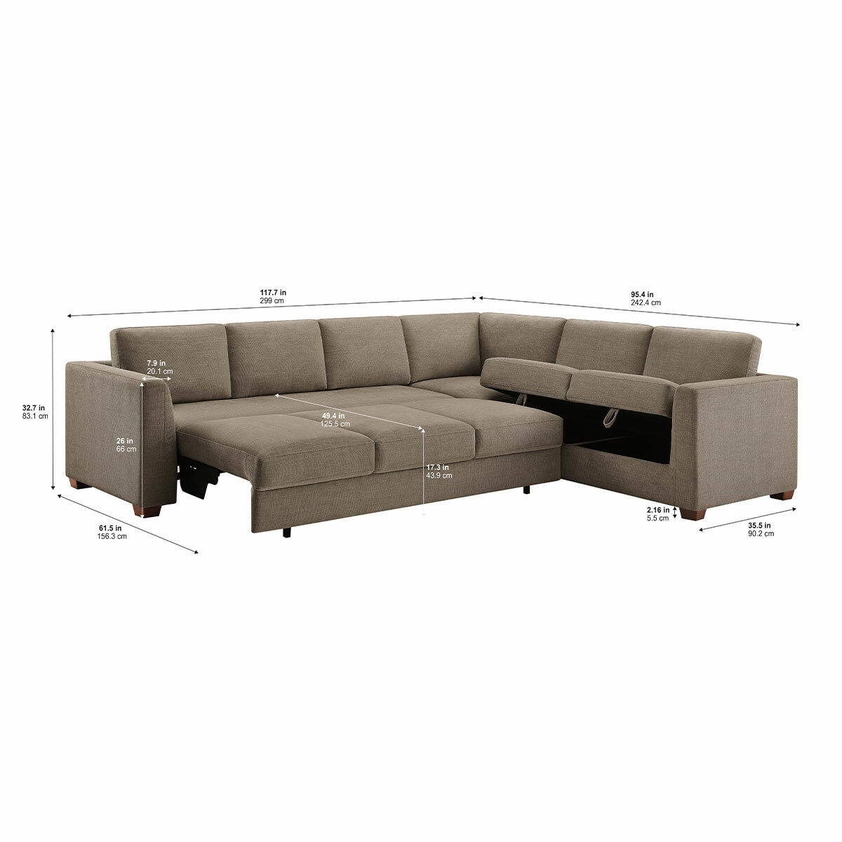 Thomasville Caler 3 Piece Fabric Sectional with Sleeper and Storage Seat