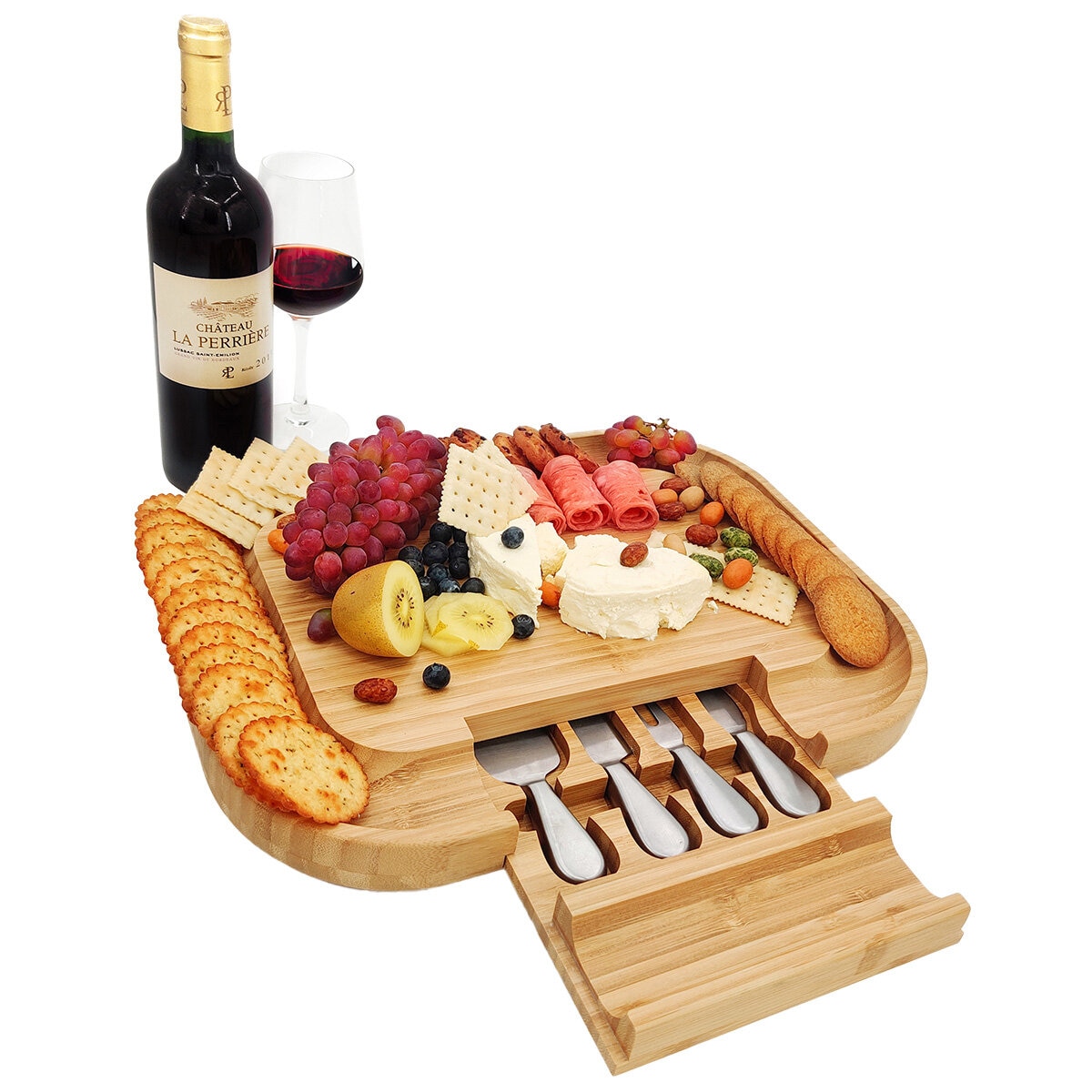 Bamboo Cheese Board with 4 Stainless Steel Serving Tools