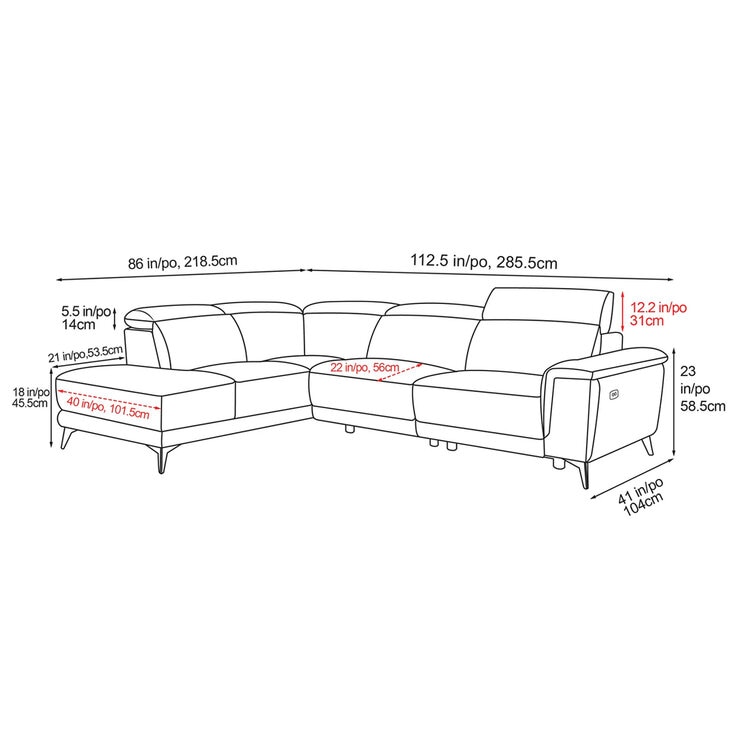 Valencia Pista Leather Reclining Sectional Lounge Left Chaise Grey