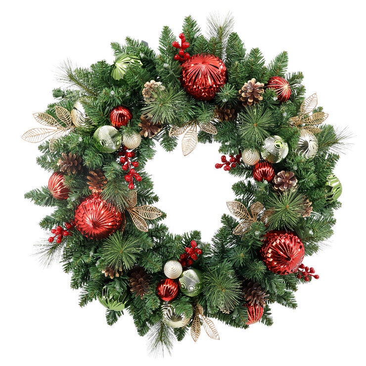 CGH 76.2cm Pre-Lit Decorated Holiday Wreath Red