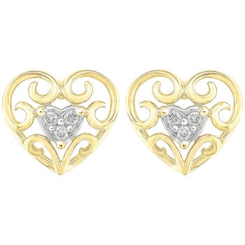 18KT Two Tone Gold 0.05ctw Diamond Heart Filigree Earrings