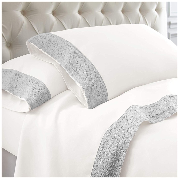 Kingtex Crochet-lace Microfibre Sheet Set 1500 Series Single - Silver/White Kingtex Crochet-lace Microfibre Sheet Set 1500 Series Single - Silver/White