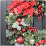 Pre-Lit Decorated Poinsettia Holiday Artificial Wreath 76.2cm Red
