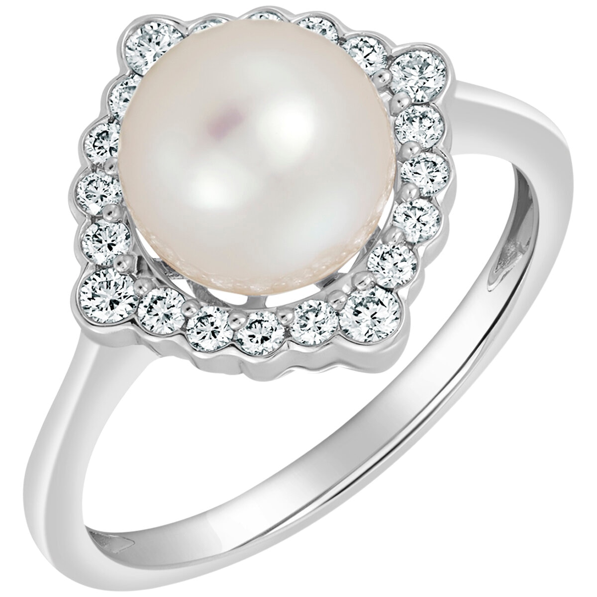 18KT White Gold 0.26CTW Diamond 8-8.5MM Akoya Cultured Pearl Ring