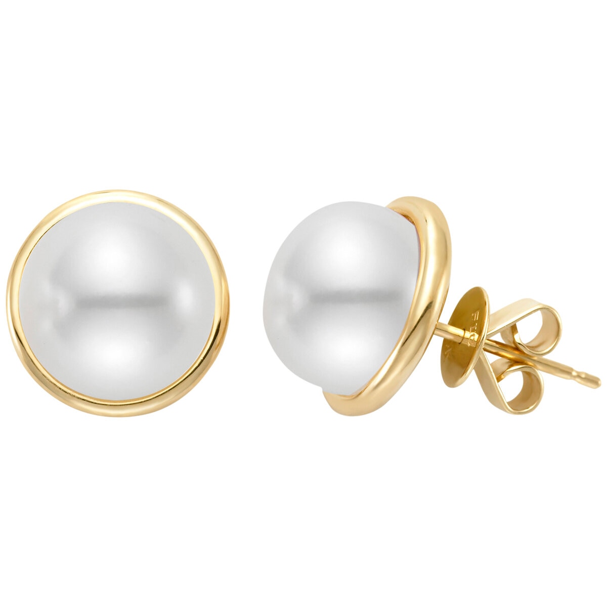 18KT Yellow Gold 9-10MM Cultured Pearl Bezel Earrings/