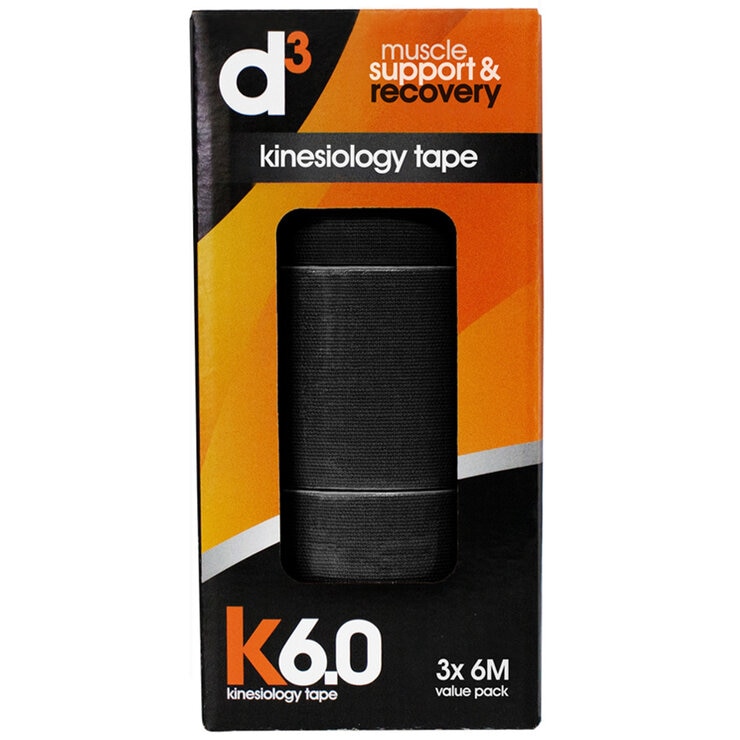 d3 K6.0 Kinesiology Tape 50mm x 6M x 3 Tapes Black
