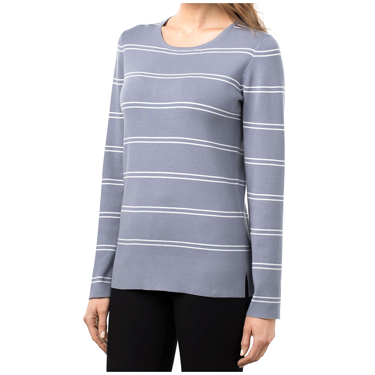 Kirkland Signature Ladies' Crewneck Sweater - Charcoal/Ivrory Stripe