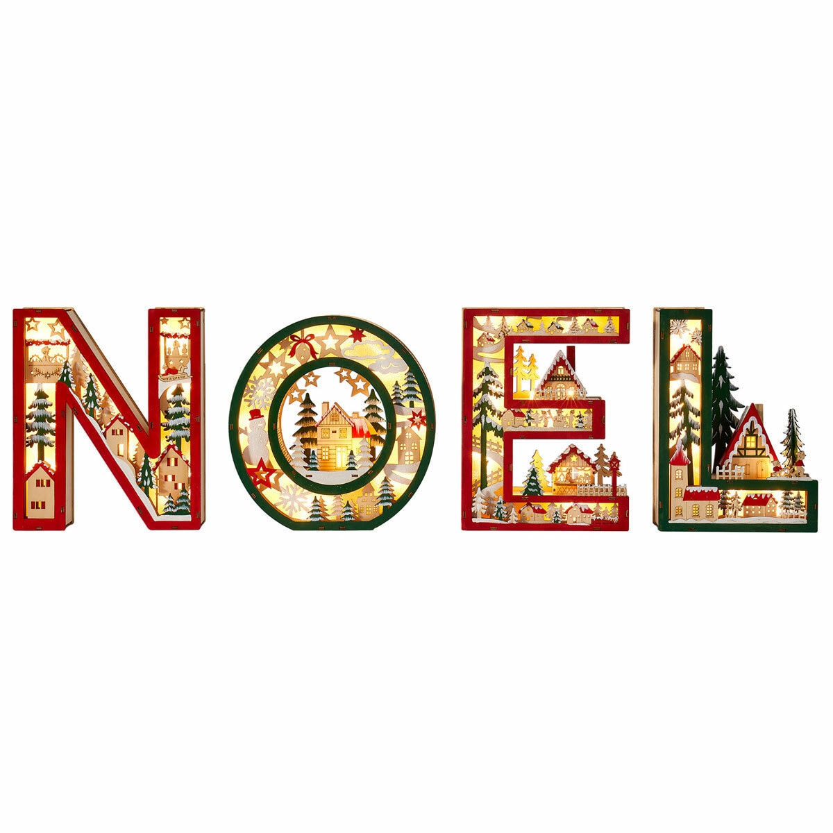 NOEL Wooden Letters With Light Up Festive Scene Set Of 4