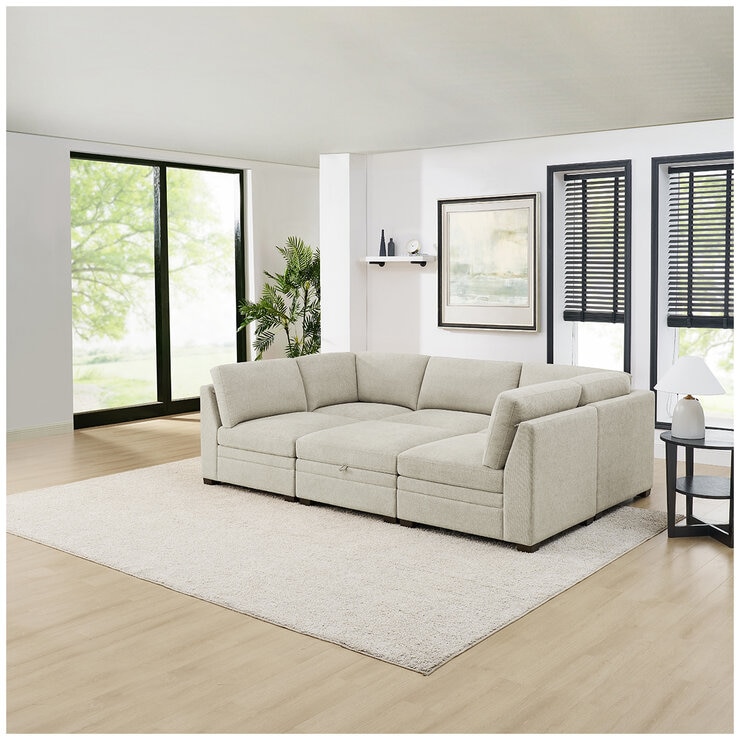 Thomasville 6 Piece Fabric Modular Sectional with Storage Ottoman/