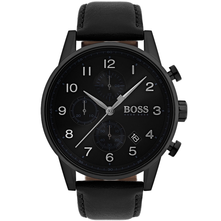 boss watch black leather