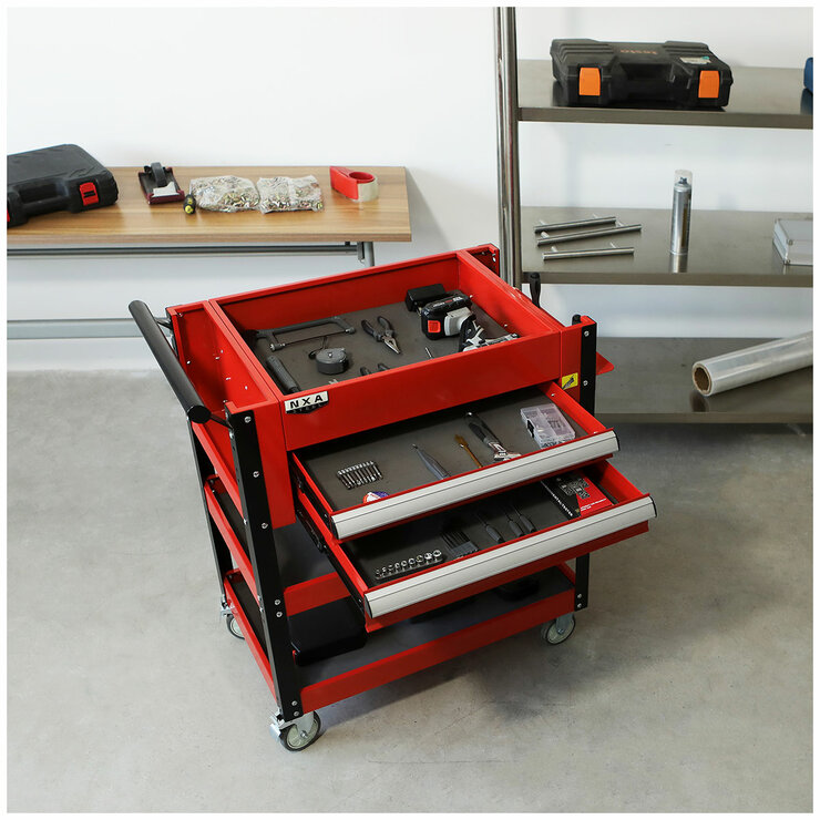 NXA 76cm Red Tool Cart with 2 Drawers & 3 Trays - 30TC2D2TR