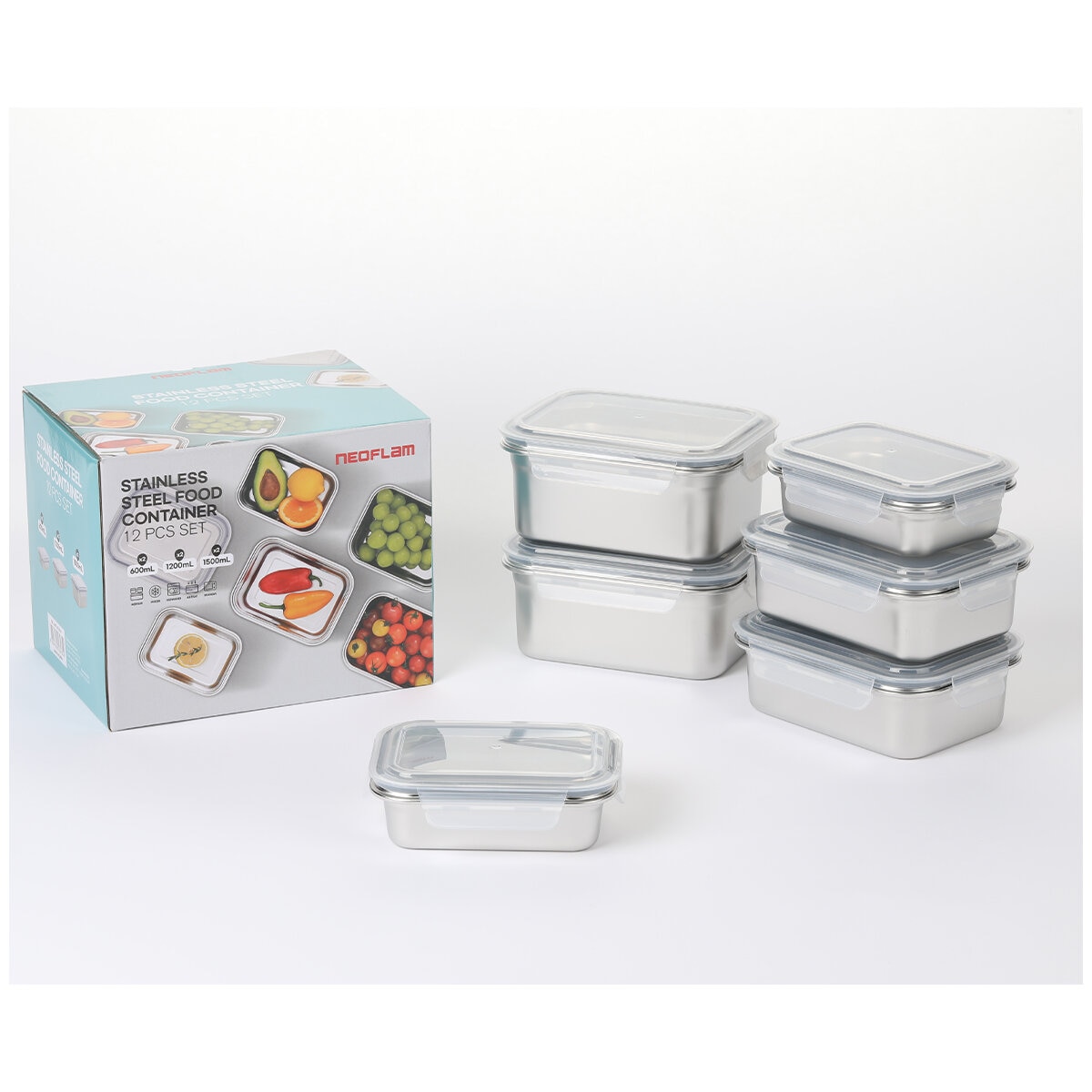 Neoflam Stainless Steel Container Microwavable 12 Piece Set