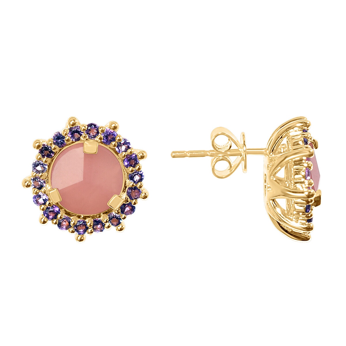 14KT Yellow Gold Guava Quartz And Amethyst Round Stud Earrings/