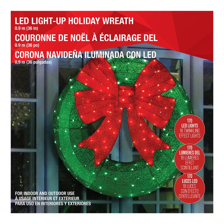 Light up Green Wreath with Red Bow 90.5cm Light up Green Wreath with Red Bow 90.5cm