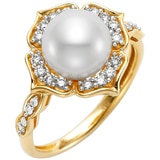 18KT Yellow Gold White Freshwater Pearl and Diamond Flower Ring