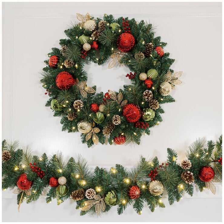 CGH 76.2cm Pre-Lit Decorated Holiday Wreath Red