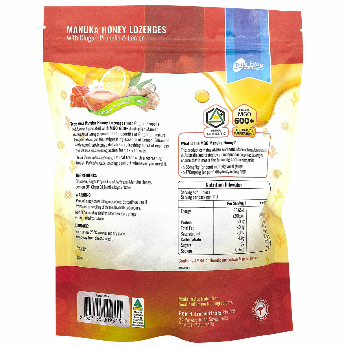 True Blue Manuka Honey Lozenges With Ginger, Propolis And Lemon 600g True Blue Manuka Honey Lozenges With Ginger, Propolis And Lemon 600g