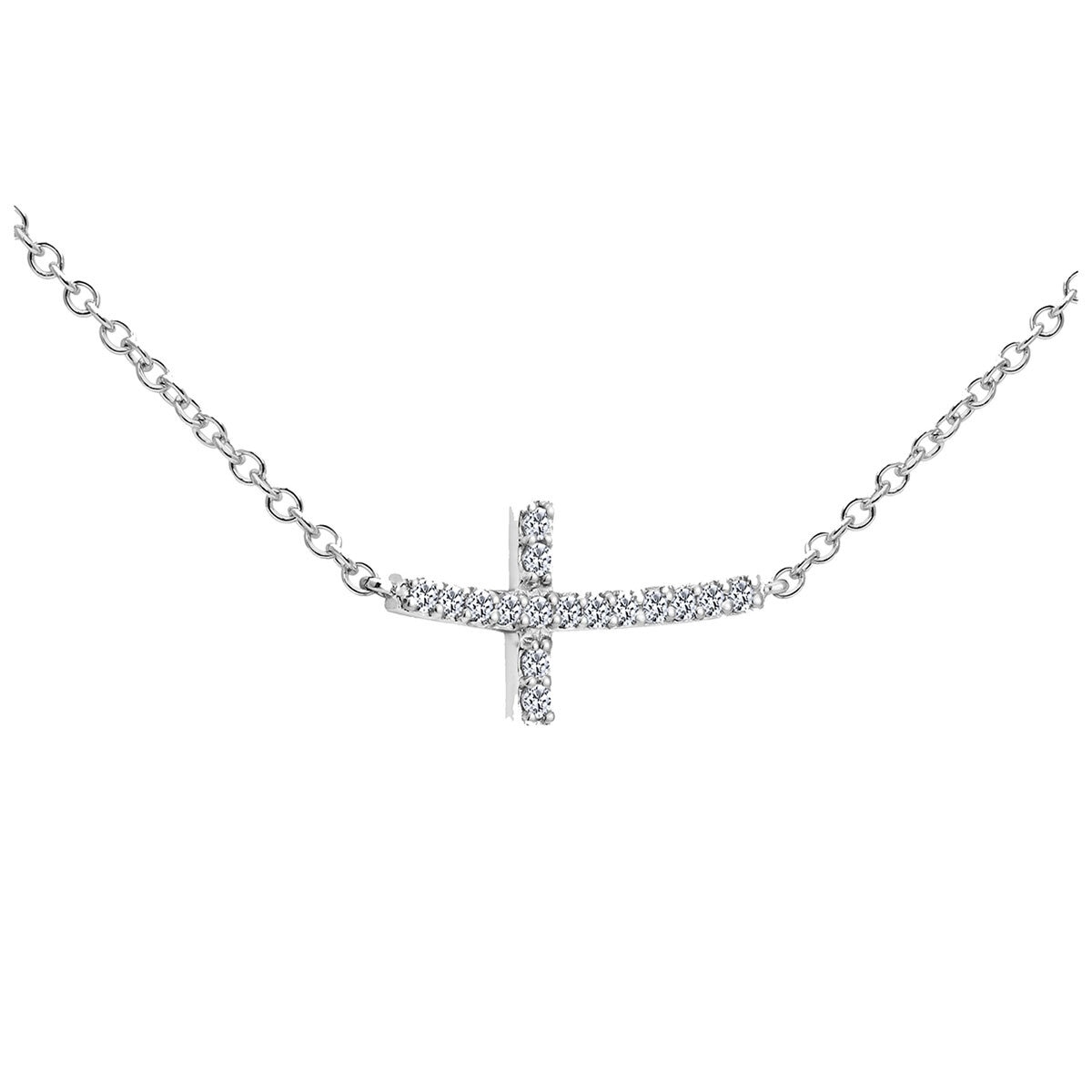 18KT White Gold 16 Round Diamond Horizontal Cross Necklace 0.13ctw