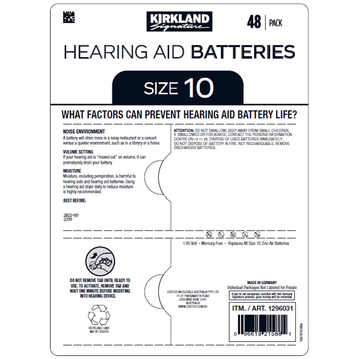 Kirkland Signature Hearing Aid Batteries Size 13 2x48 pack