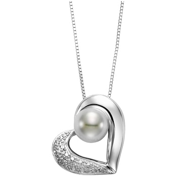 14KT White Gold White Freshwater Pearl and Diamond Heart Pendant