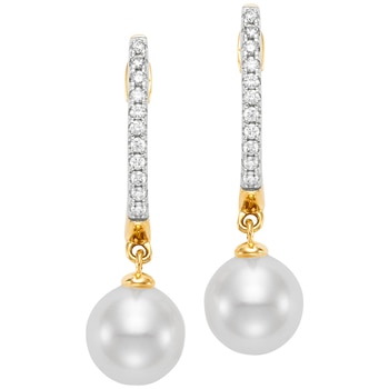 18KT Yellow Gold White Freshwater Pearl And Diamond Earrings