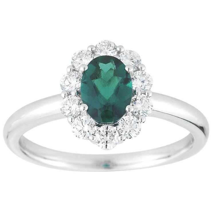 18KT White Gold 0.50ctw Round Diamond And Oval Lab Emerald Ring