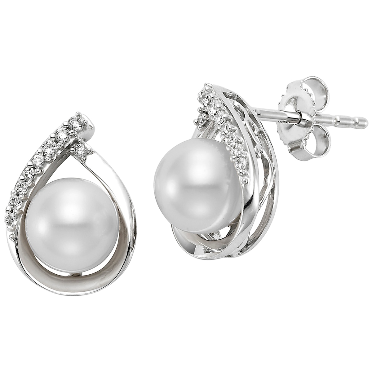 18KT White Gold White Freshwater Pearl and Diamond Earrings