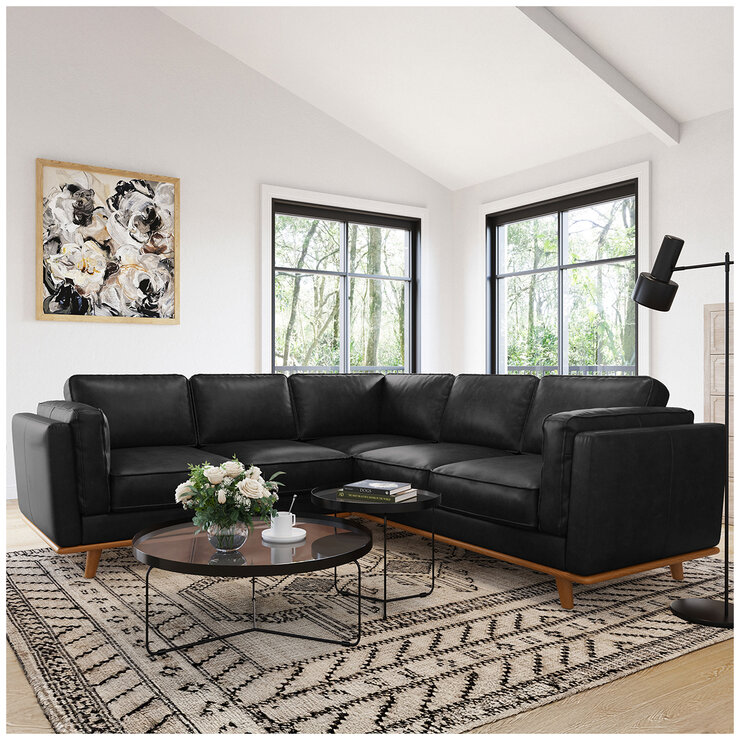 Valencia Artisan Top Grain Leather L-Shape Corner Sectional Lounge Black Color