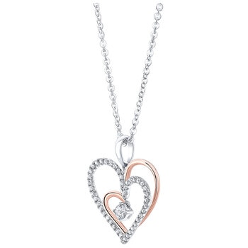 18KT Two Tone White And Rose Gold 0.18ctw Diamond Double Heart Pendant Necklace