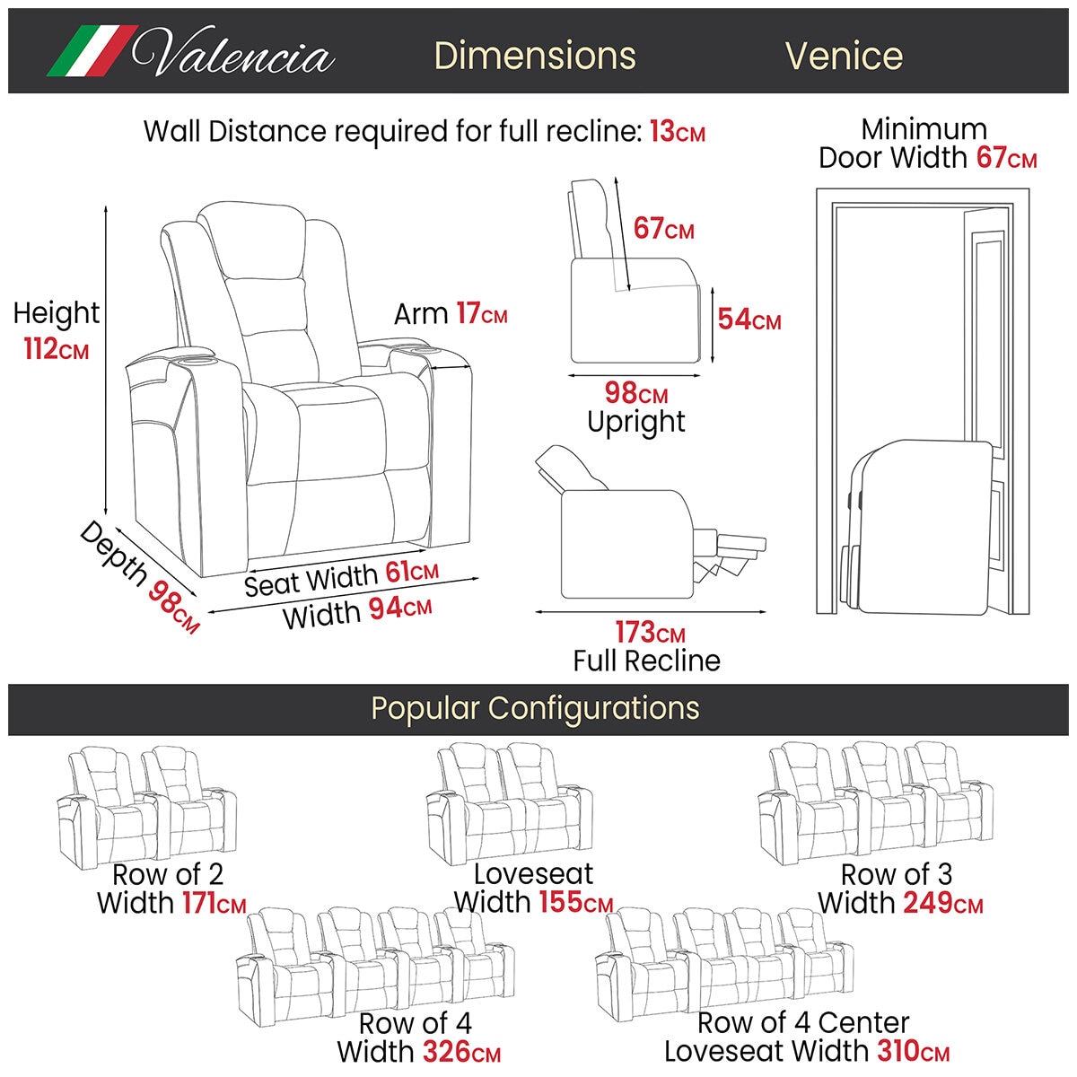 Valencia Theater Seating Venice 1 Seater Recliner Black