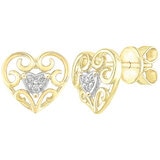 18KT Two Tone Gold 0.05ctw Diamond Heart Filigree Earrings