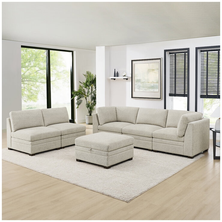 Thomasville 6 Piece Fabric Modular Sectional with Storage Ottoman/