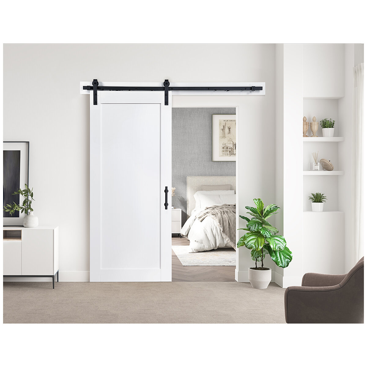 AVAH White Shaker Designed Panelled Barn Door with Soft-Closed Hardware