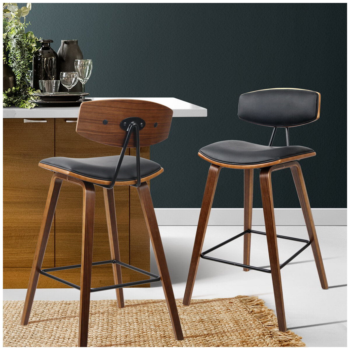 Artiss Cafe Leather Wood Barstool Black 2 Pack