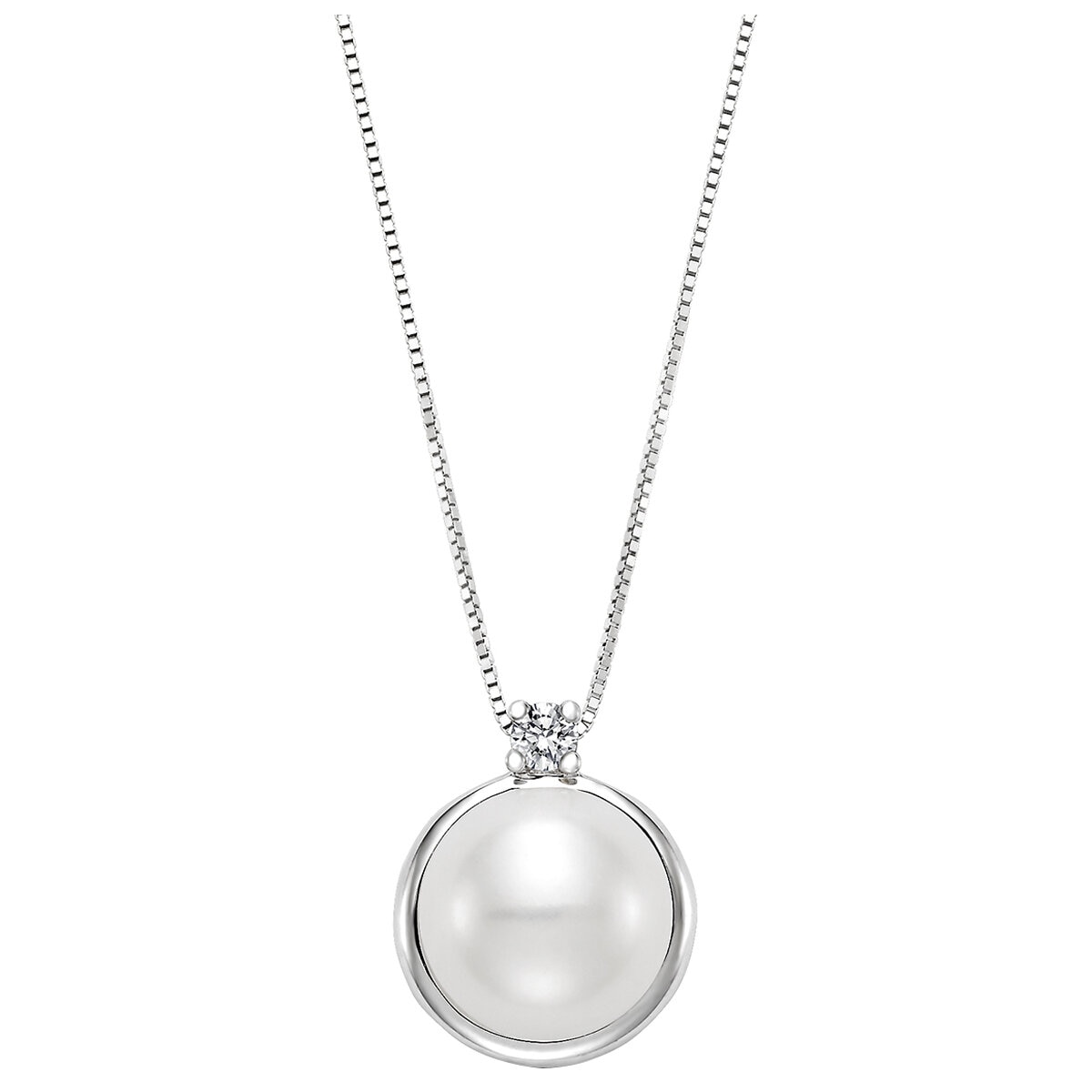 18KT White Gold Button Shaped Cultured Freshwater Pearl And Diamond Pendant