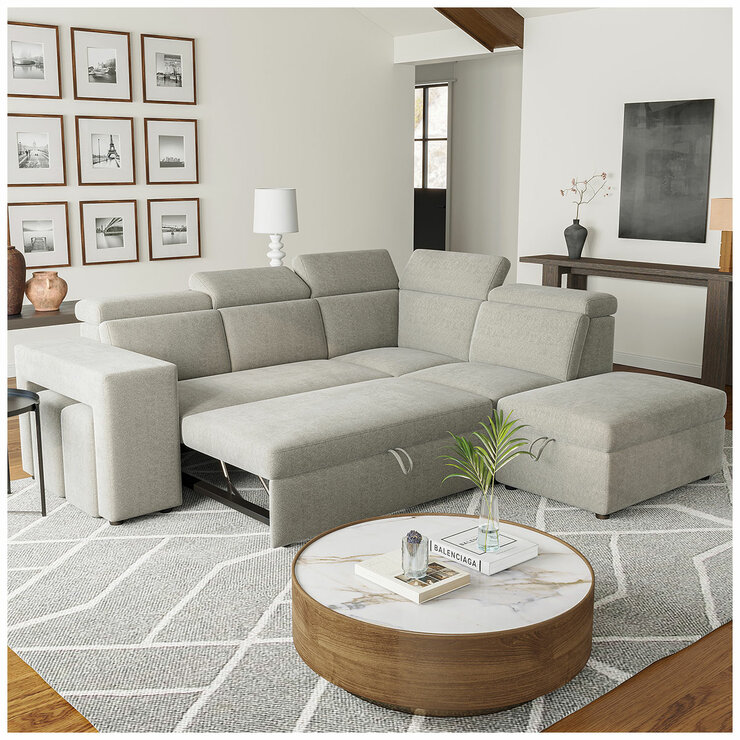 Valencia Finn Fabric Sectional Lounge Bed Right Storage Ottoman Light Grey