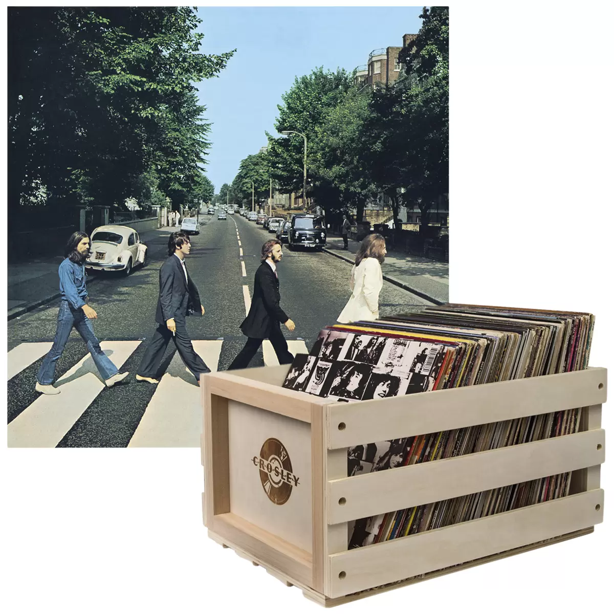 Crosley Record Storage Crate & The Beatles Abbey Road - Vinyl Album Bundle