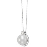 18KT White Gold Button Shaped Cultured Freshwater Pearl And Diamond Pendant