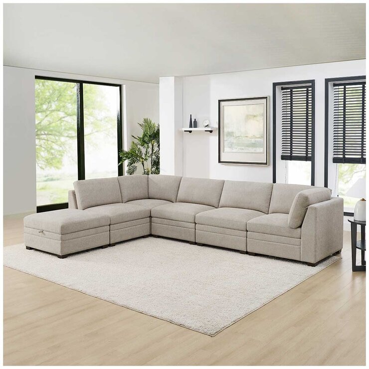 Thomasville 6 Piece Fabric Modular Sectional With Storage Ottoman