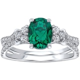 18KT White Gold Lab Created Emerald Oval and Diamond Ring