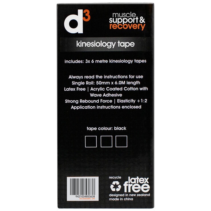 d3 K6.0 Kinesiology Tape 50mm x 6M x 3 Tapes Black