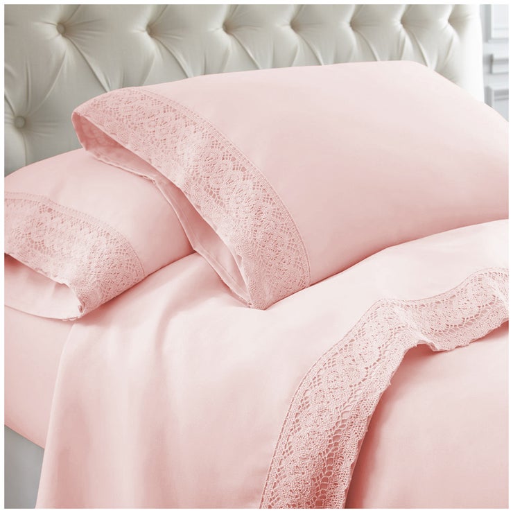 Kingtex Crochet-lace Microfibre Sheet Set 1500 Series Single - Rose Pink Kingtex Crochet-lace Microfibre Sheet Set 1500 Series Single - Rose Pink