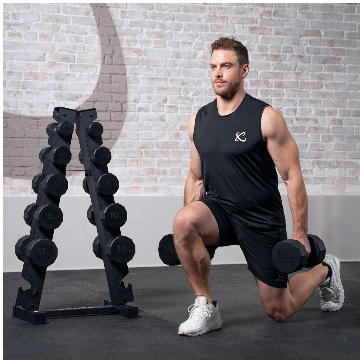 Centr 4 - 14 kg Rubber 12-Sided Dumbbell Set with A-Frame Rack