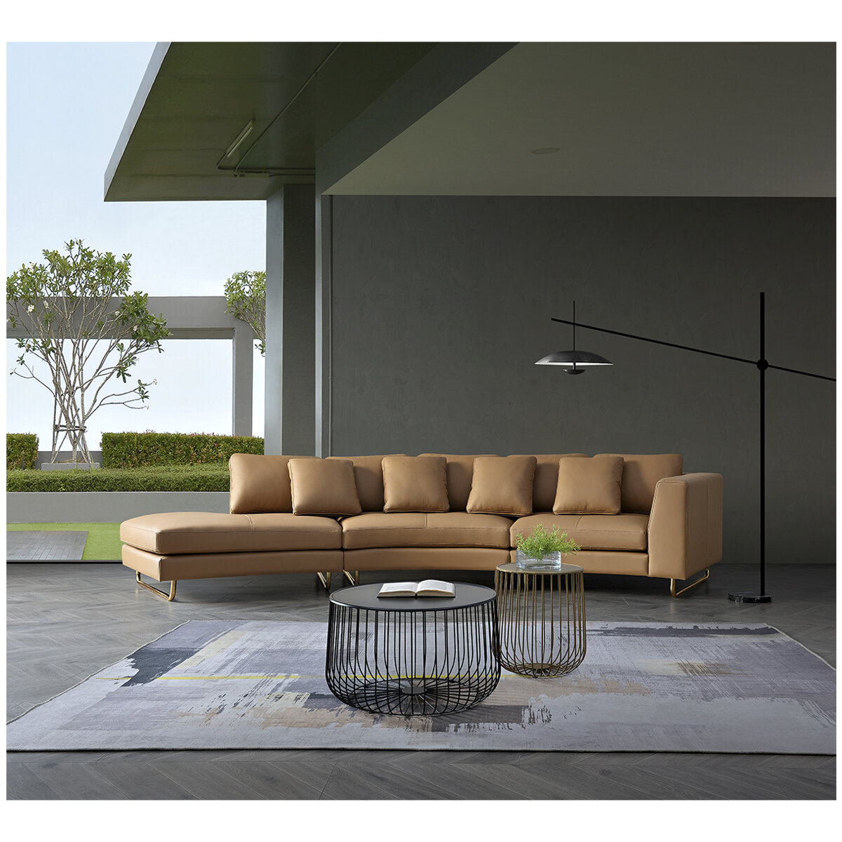 Moran Arcadia Extended Leather Chaise Sofa Caramel