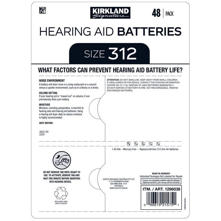Kirkland Signature Hearing Aid Batteries Size 312 2 x 48pk Costco