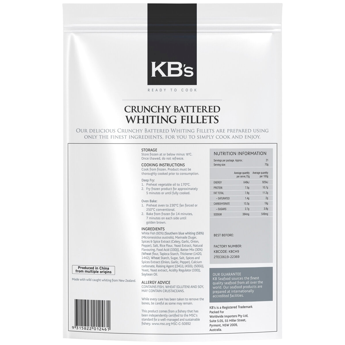 KB’s Crunchy Battered Whiting Fillets 1.5kg