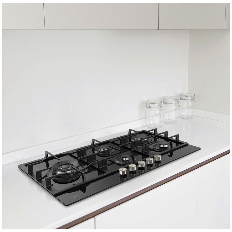 Midea 90cm Black Glass Gas Cooktop Black MCG90GBL Midea 90cm Black Glass Gas Cooktop Black MCG90GBL