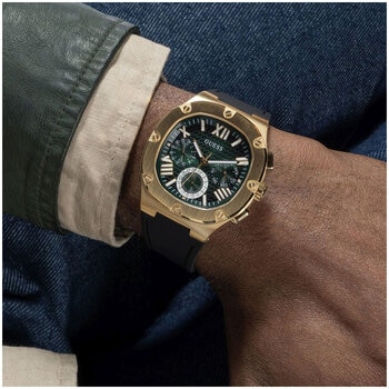 GUESS Headline Green Dial Black Silicone Strap Multifunction Men's Watch GW0571G3