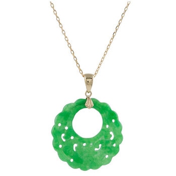 14KT Yellow Gold Carved Dyed Green Jade Pendant Necklace 43cm