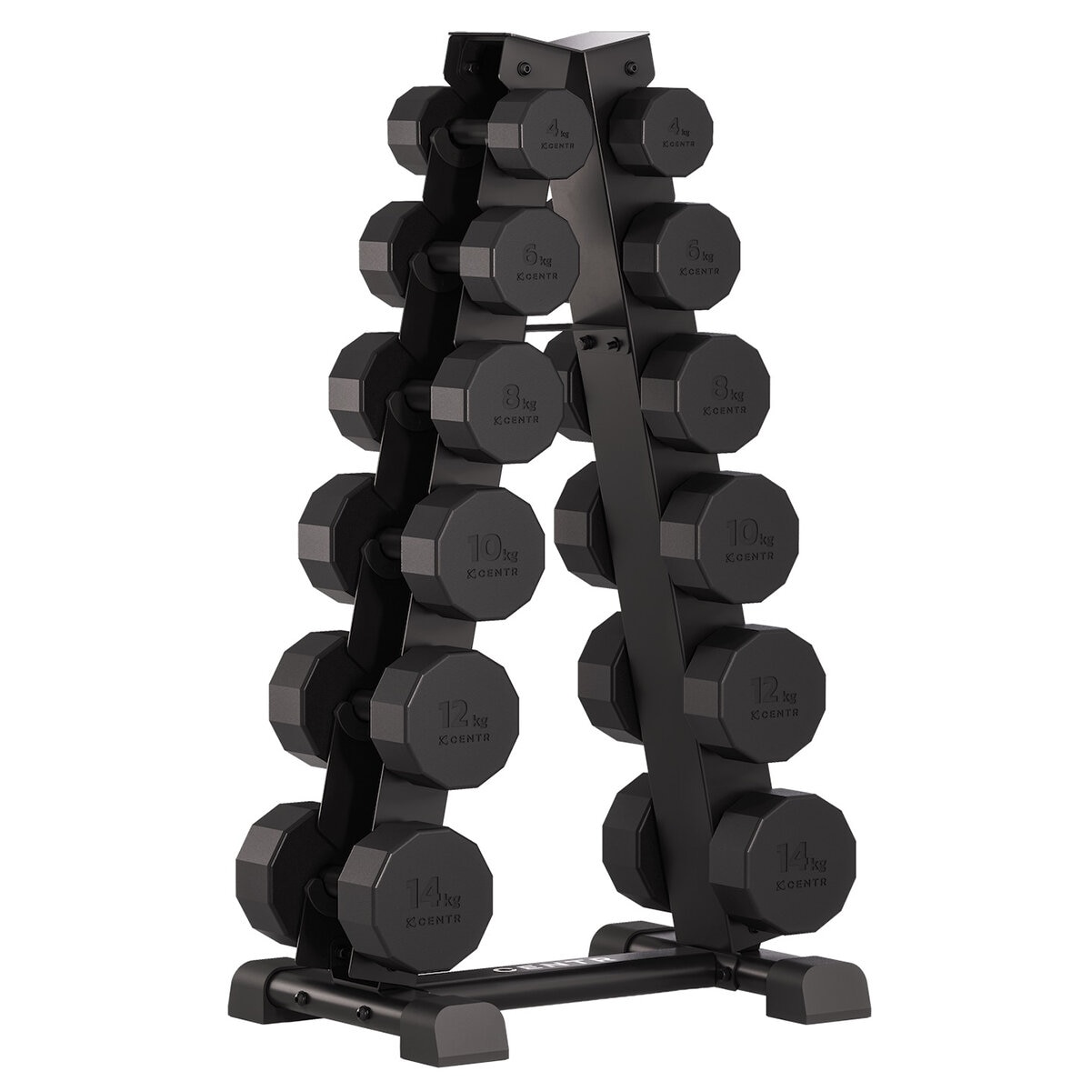 Centr 4 - 14 kg Rubber 12-Sided Dumbbell Set with A-Frame Rack